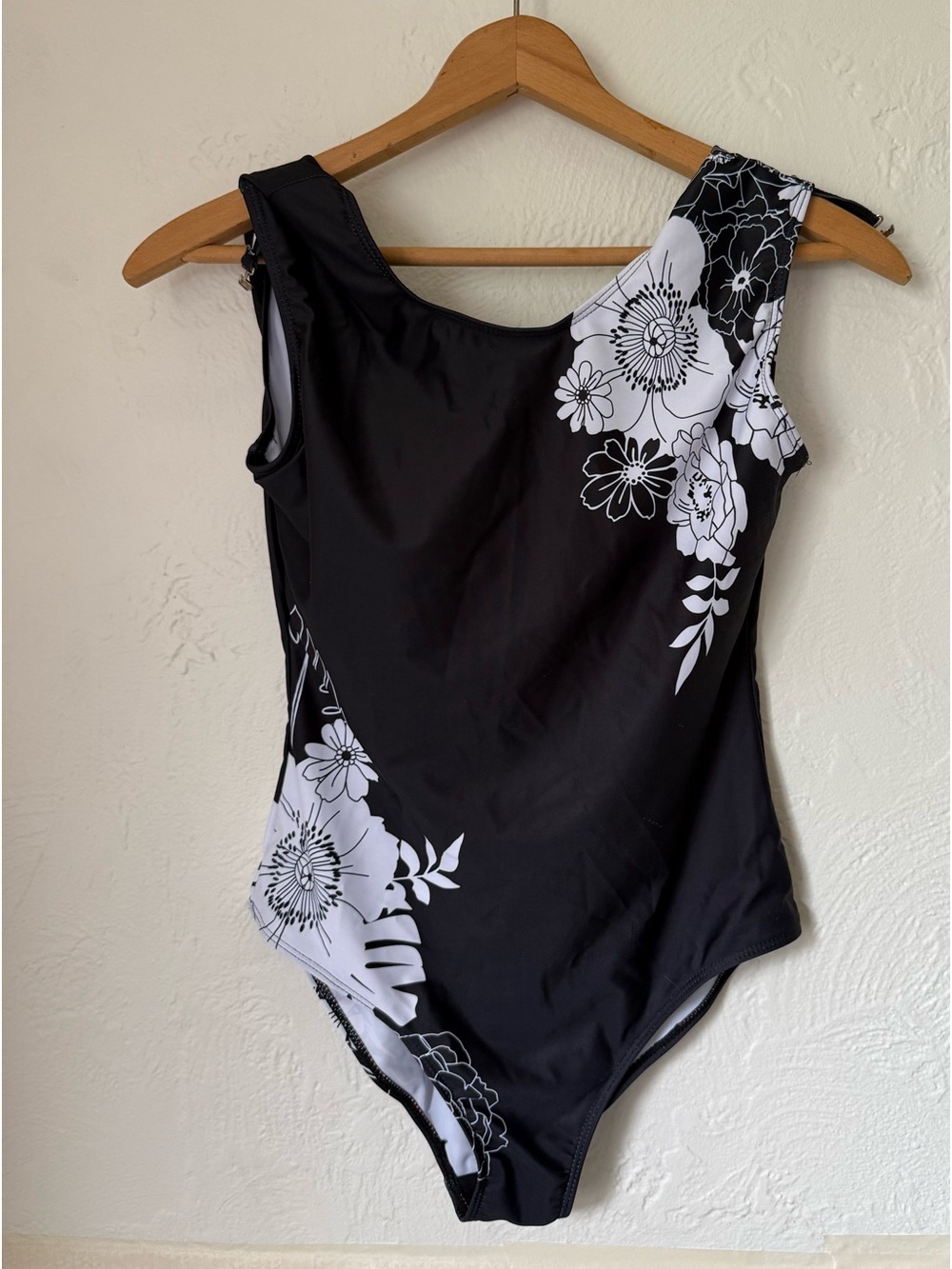 Black White Floral One Piece Swimsuit Open Back Size Medium 8